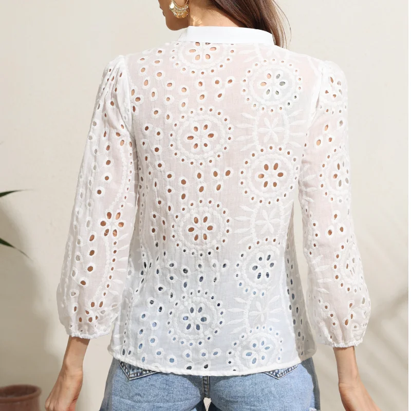 2024 Summer Embroidery Button Front Blouse For Women Lantern Sleeve Cotton Hollow Out Sexy Stand Collar Beach Top