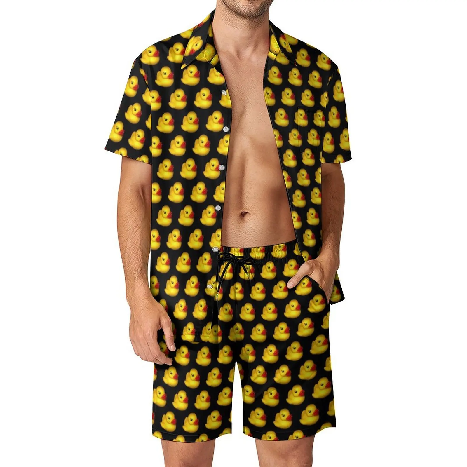 Conjunto de camisa de manga corta con estampado 3D de pato de goma amarillo para hombre, pantalones cortos de playa de gran tamaño, ropa de calle, trajes hawaianos, Verano