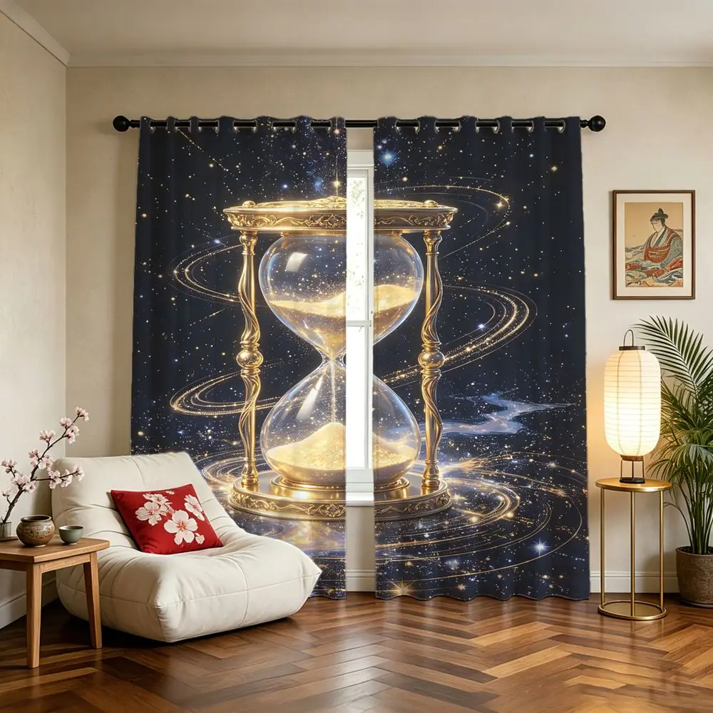 Starry Golden Hourglass Printed Curtains 2 Panels Light Blocking Rate 85% Darkening Curtains Magical Aesthetic Window Drape