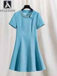 AELESEEN Women Elegant Mini Dress Runway Fashion Summer Bow Luxury Diamonds Beading Slim Solid Pink Blue Black High Street