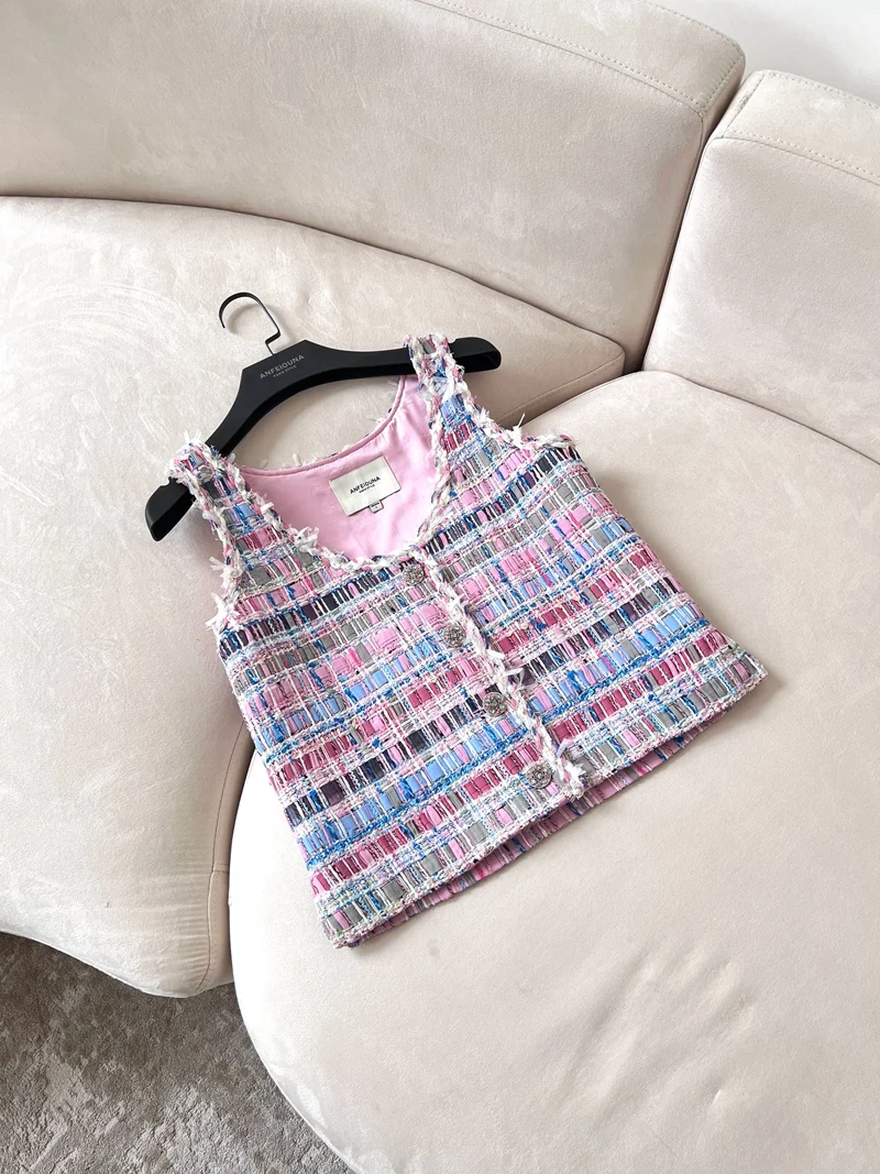 

e Ele Lady's Knitted Tweed ort Vest Jaet Svel U-Ne Lace Trim Polyester Fabric Summer Outfit