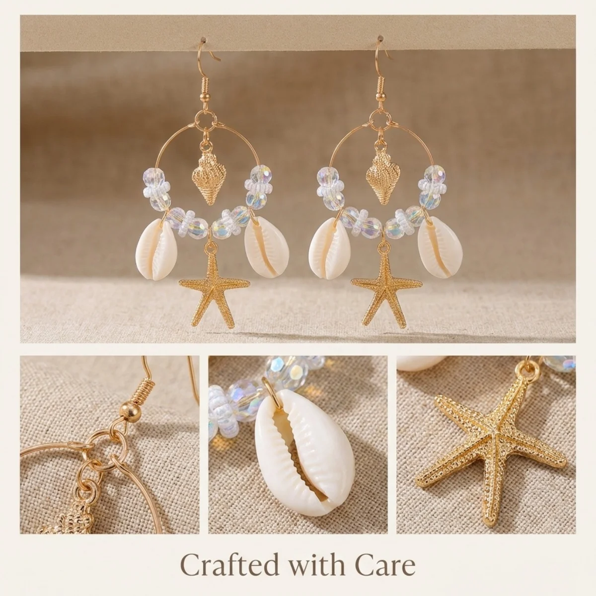 Kristall-Kreis Muschel Seestern Quasten-Ohrringe für Damen und Herren Boho Ozean Seepferdchen Ohrringe Trendiger Sommer-Strandschmuck – Detail 3