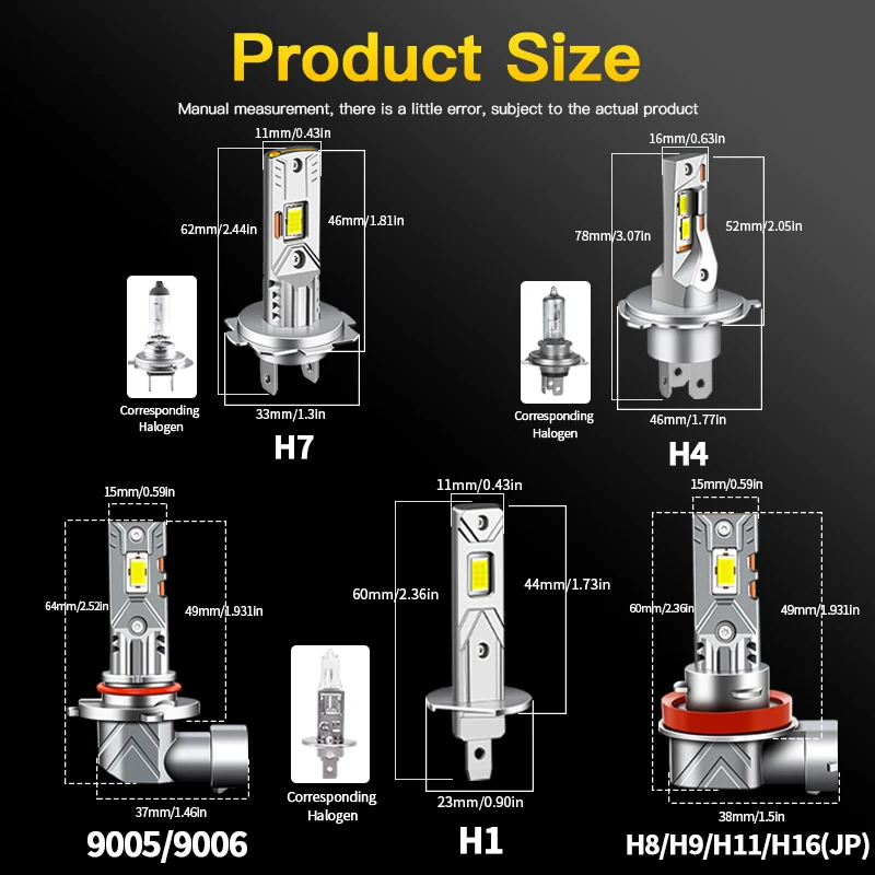 2PCS H4 LED Headlight Bulbs 9003 HB2 Hi/Lo Beam 20000LM H7 Car Lamp H1 H8/H9/H11/H16(JP) 9005/HB3 9006/HB4 Fog Lights 12V White