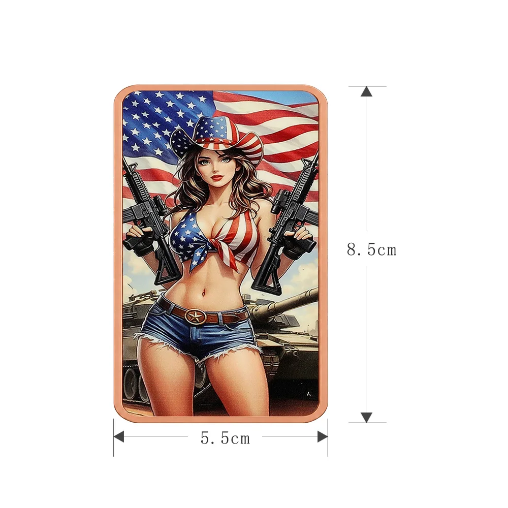 5oz .999 Fine Copper Bar USA Patriotic Cowgirl Flag Bikini Guns Tank Rifle Military Colorized Rectangle Art Collectible Gift