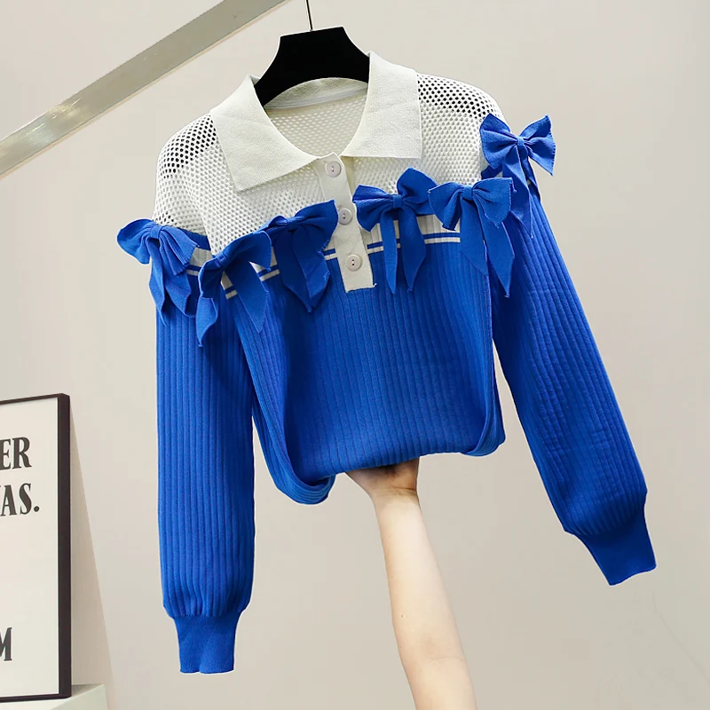 

Faionable Sweet Knot 3D Decoration Hollow out Color Blo Ne Long Sve Knitted Sweater Anti Aging Top fo...