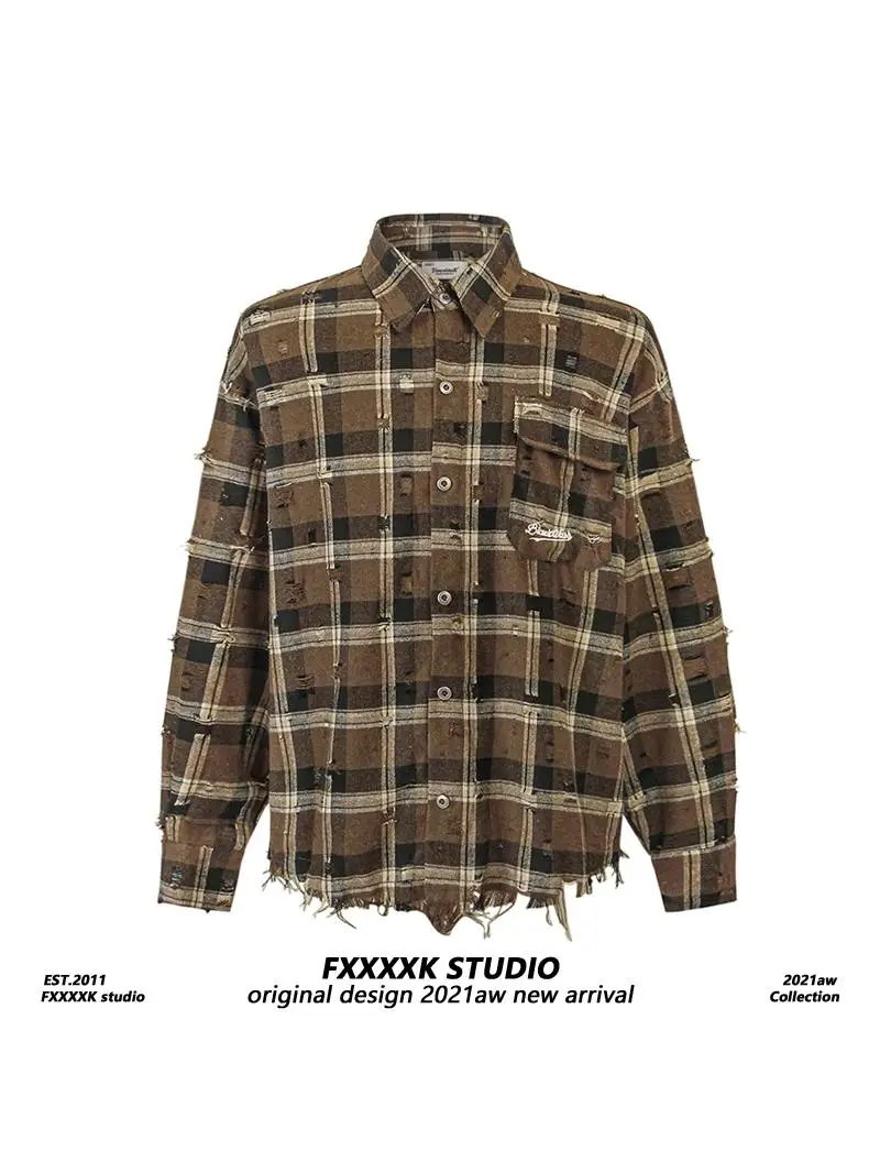 

FXK Original High Street Hiphop Abi Sle Tassel Plaid Long Sve irt ex Повседневная мужская и женская этническая одежда