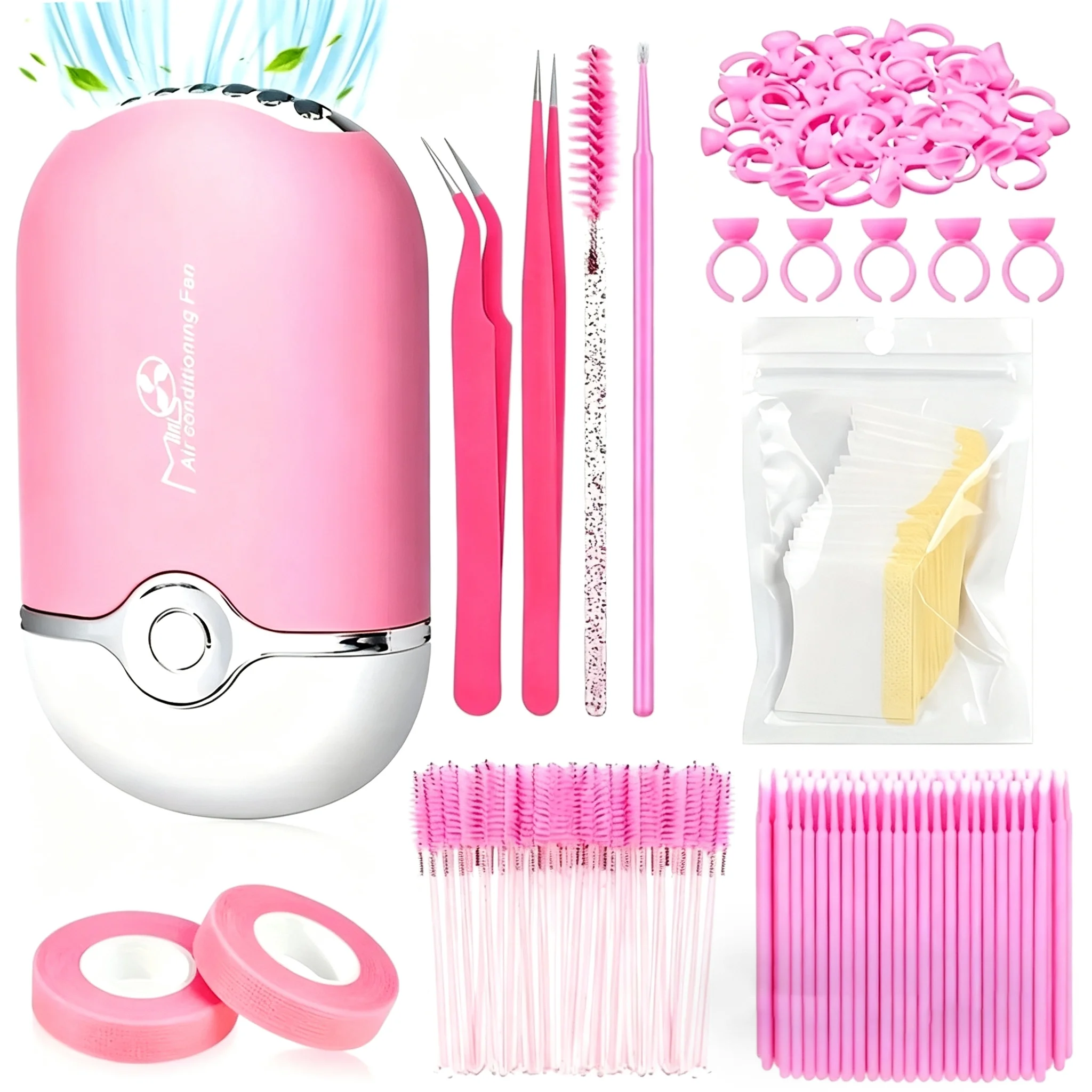 Eyelash Extension Tools Kit With Mini Air Conditioning Fan, Tweezers, Lash Brushes, Glue Rings, Micro Swabs, Tape for Lash Tech