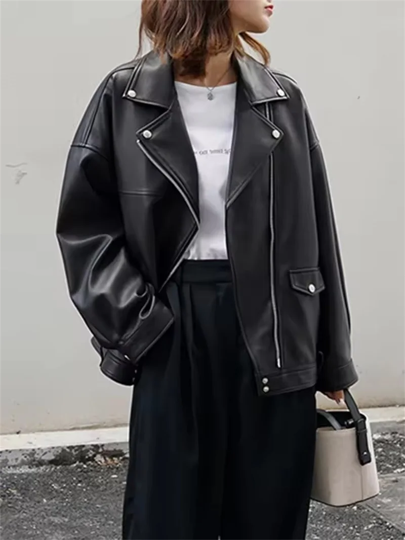 Veste en Faux cuir PU pour femme, vêtement d'extérieur décontracté, noir, à revers, à manches longues, pour moto, nouvelle collection printemps-automne 2025