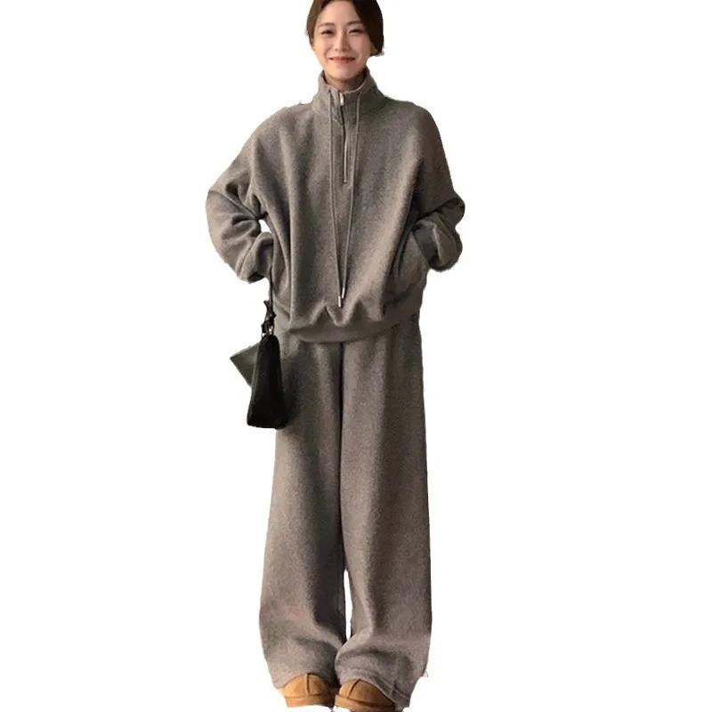 여성용 스웨트셔츠 팬츠 세트 투피스 스탠드 칼라 후드 와이드 레그 팬츠 풀 렝스 트라우저 솔리드 루즈 포켓 캐주얼