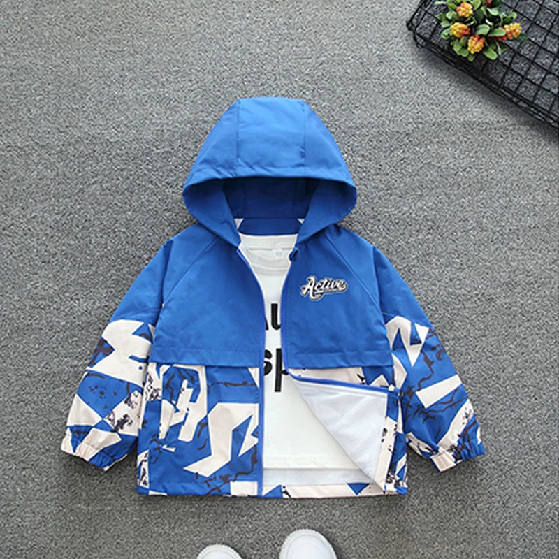 Boys Hooded Windbreaker Jacket Spring Autumn Fashion Geometric Print Splicing Coat 4-12 Years Kids Looes Sports Outerwear