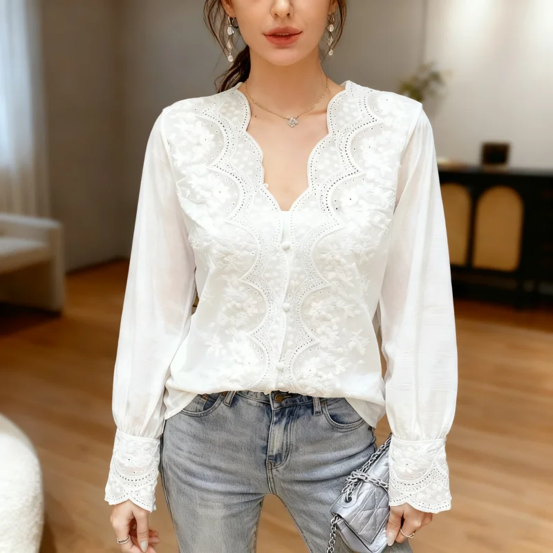 Femmes brodé élégant blanc dentelle Blouse col en v Vintage femme chemise coupe ondulée à manches longues bureau montre de sport Blusas 17381