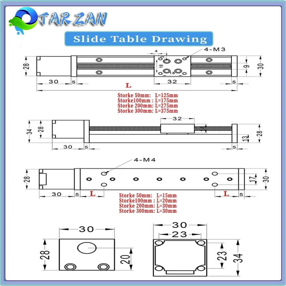 Mini tavolo scorrevole tipo T passo 1mm stadio ferroviario lineare 50/100/200/300mm corsa Nema11 28mm motore passo-passo TB6600 per asse XYZ CNC