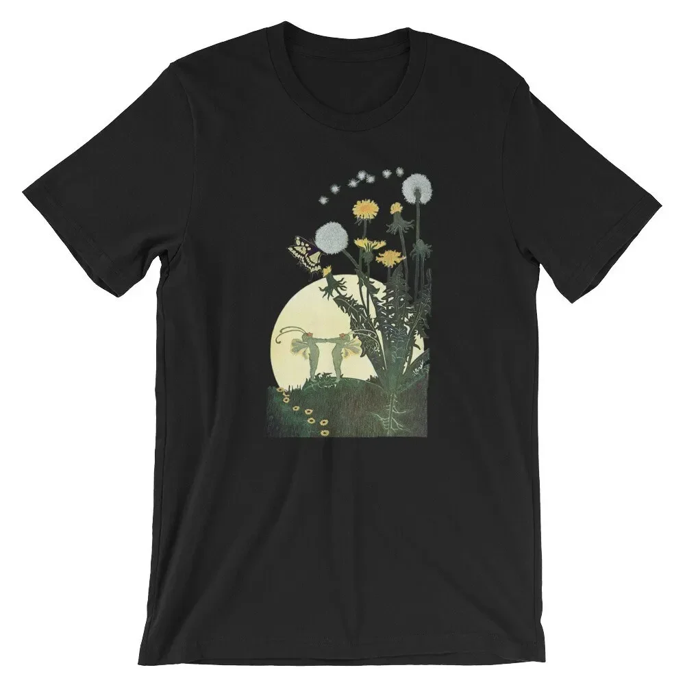 Fantasy Fairy Garden T Shirt Fae Dancing In The Full Moon At Twilight Flowers And Dandelions Elf Pixie Sprite Silhouette