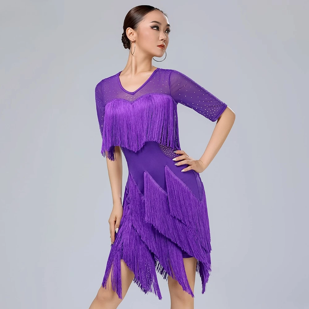 

Индивидуальный женский костюм для латинских танцев для взрослых, костюм для бальных танцев, румбы, конкурсное платье, групповое выступление, юбка с кисточками