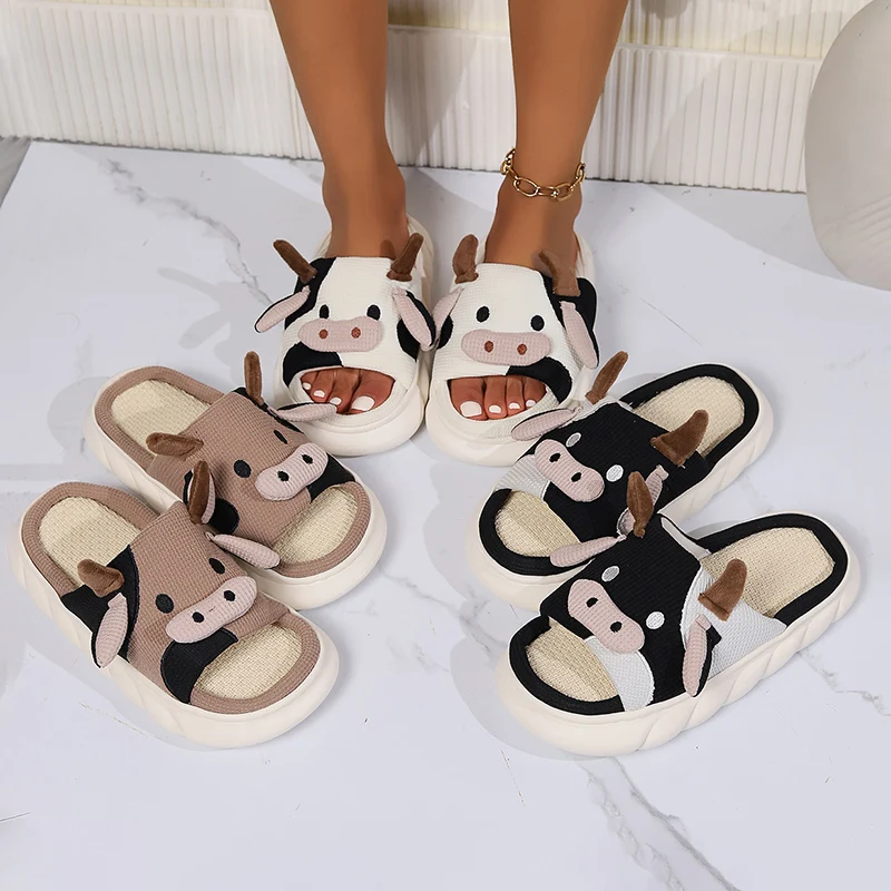 Linen Platform Slippers Women Home Cute Elegant Designer Shoes Ladies 2024 Fashion Cow Cartoon Casual House Slides Soft Big Size