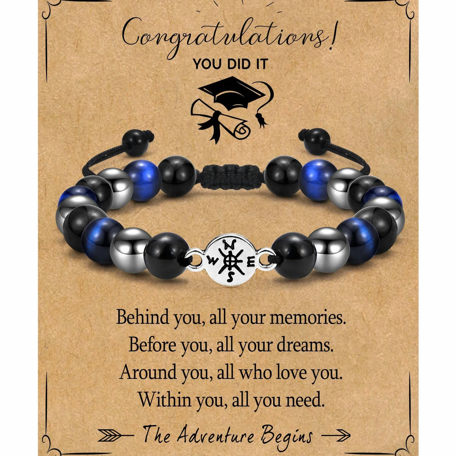 Tiger Eye Black Hematite Compass Beaded Bracelet Woven Braided Handmade Graduation Gift Jewelry for Women Men