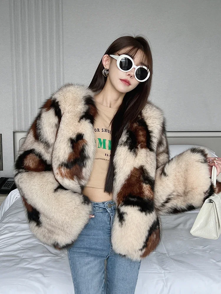 Big Leopard Imported Finnish Fox Real Fur Coat for Women Young Knitted Thick Warm Fur Sexy Club Jackets Autumn/Winter Outer Wear