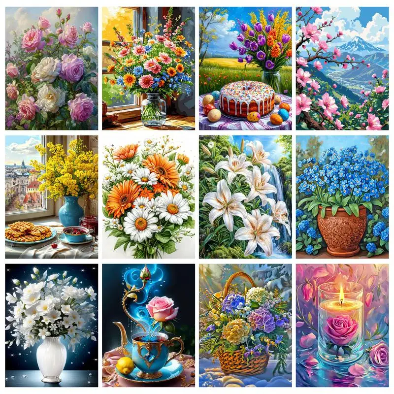 GATYZTORY Malen nach Zahlen, bunte Blumen-Sets für Erwachsene, handgemalt, DIY-Malen nach Zahlen, Heimdekoration, Zeichnen auf Leinwand