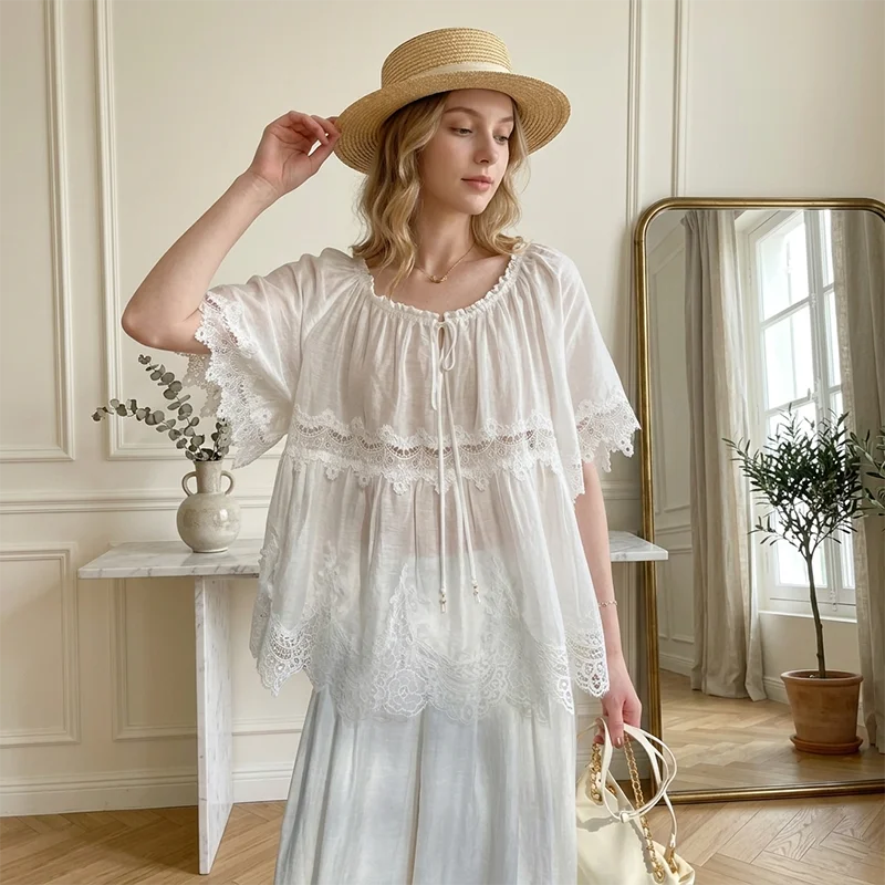 

Белая кружевная блузка женская 2026 Лето, в стиле бохо, с вышивкой, ажурная, с оборками, на завязках, французский винтаж, элегантная рубашка для пляжного отдыха