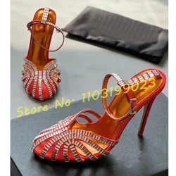 Purple Women Crystals Cage Round Toe Sandals Chic Elegant High Heels Sandals Ladies Ankle Strap Fashion Party Stiletto Shoes