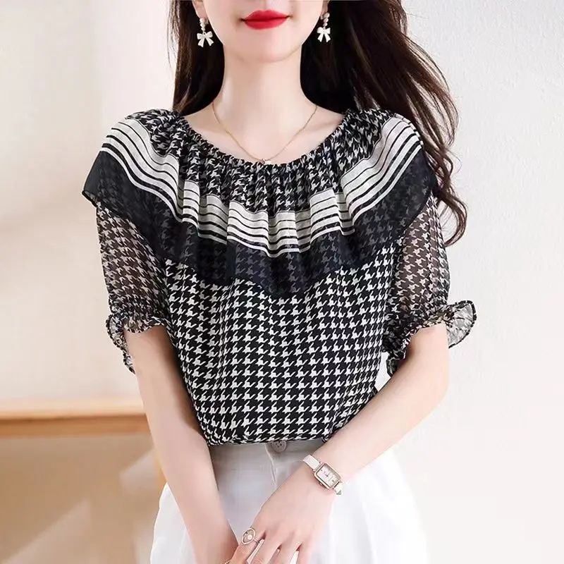 Temperament Pleated Patchwork Blouse Summer New Short Sleeve Plus Size Thin All-match Shirt Tops Fashion Elegant Women Clothing