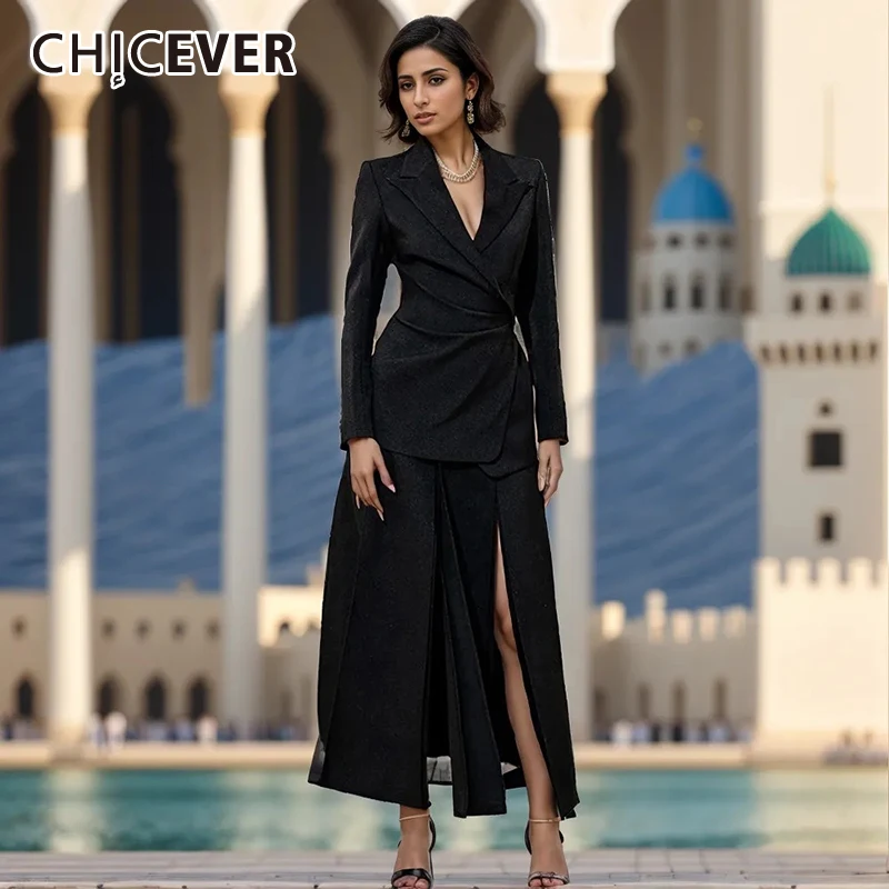 

CHICEVER High Waist Line Dress Set For Women Notched Collar Long Sleeve Coat Splice Folds Split Original Style Skirt Sets Female