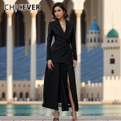 CHICEVER High Waist Line Dress Set For Women Notched Collar Long Sleeve Coat Splice Folds Split Original Style Skirt Sets Female