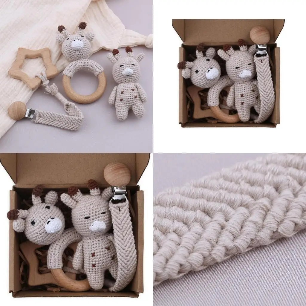581F 4XWooden Baby Toy Teether Baby Teething Toy Pacifier Clip Giraffe Appease Cartoon for Doll for Newborn Baby Gi