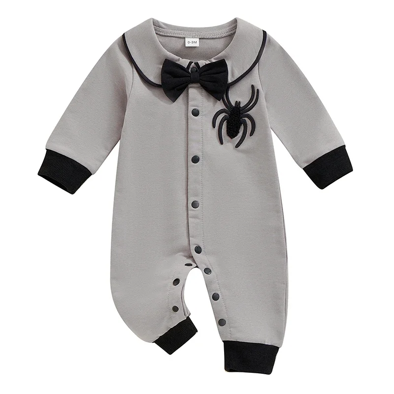 Baby Boy Halloween Romper Spider Embroidered Bow Tie Long Sleeve Lapel Neck Button-up Fall Jumpsuits Costume