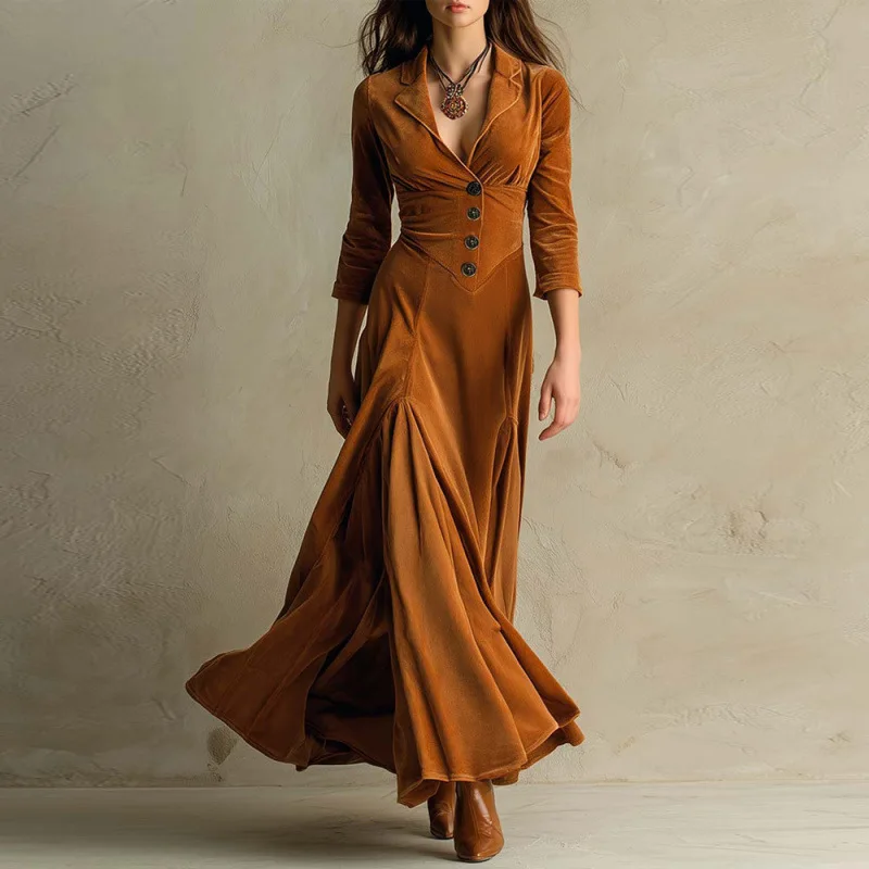 2025 Spring Fall Casual Women Suit Collar Velvet Long Dress 2025 New Slim Elegant Office Lady Fashion Solid Velour Dresses