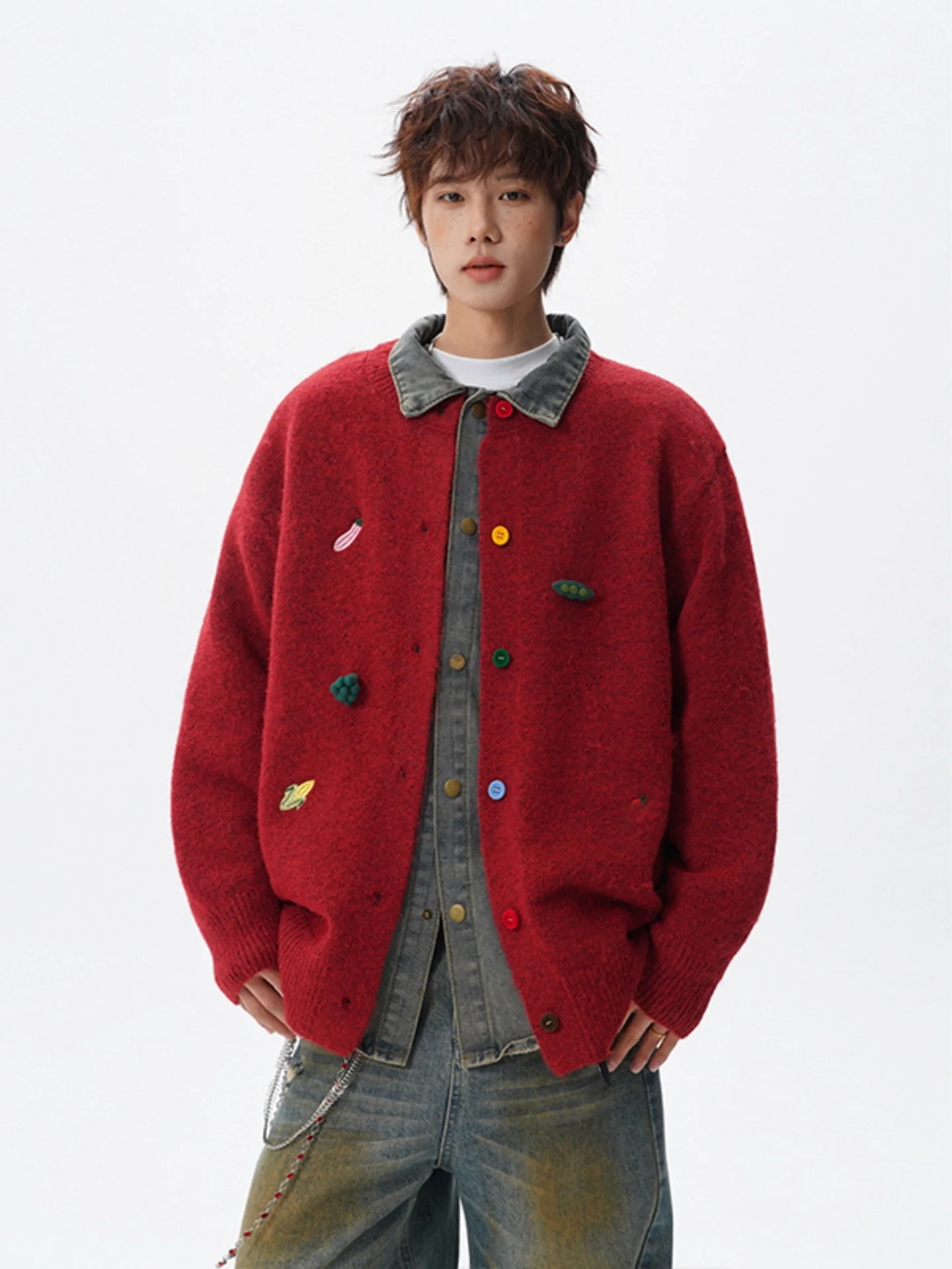 

Красный вязаный свитер-пальто мужской с вышивкой, зимний повседневный, с длинными рукавами, на пуговицах, удобный крой, модная верхняя одежда