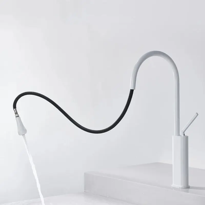 White/Black Pull-out Kitchen Sink Faucet Deck Mounted Hot Cold Water Mixer Tap 360 Rotation Stream Sprayer Head Kitchen Tap