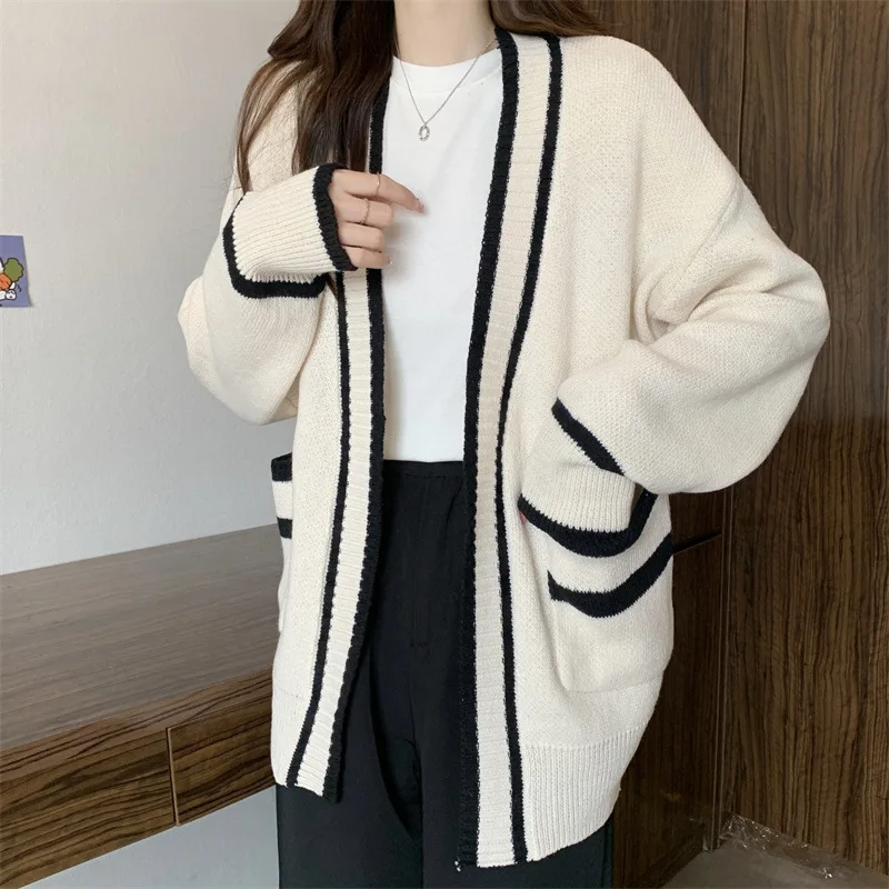 

Autumn Vintage Mid Long Sweater Cardigan Woman Preppy Style Contrast Color Knitted Coat No Button Casual Street Open Outerwear