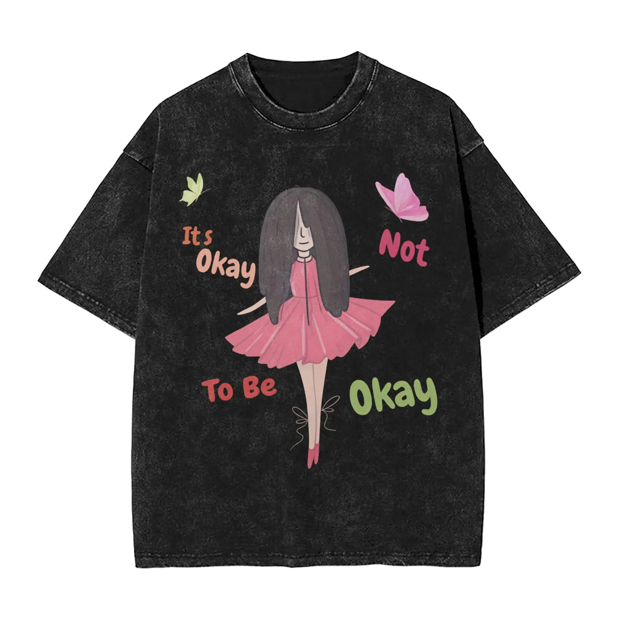 It’s Okay to Not be Okay Cartoon Washed T Shirt Man  Street Style Cotton T Shirts Beach O-Neck Harajuku Tees Loose Plus Size