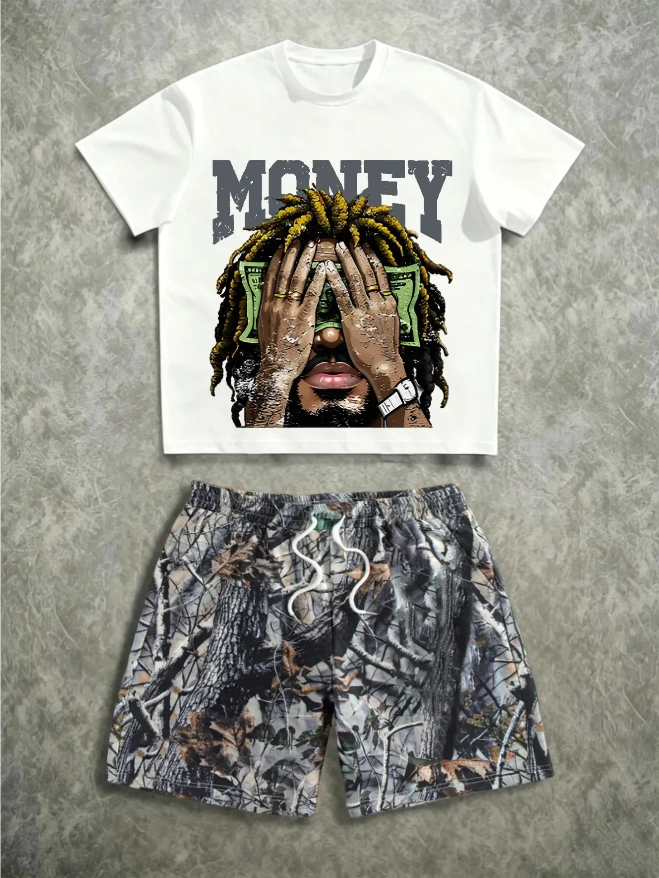 

Men's Retro Black-and-White Print T-Shirt Jungle Camo Shorts High-Street Style Casual and Versatile Sports Two-Piece Set