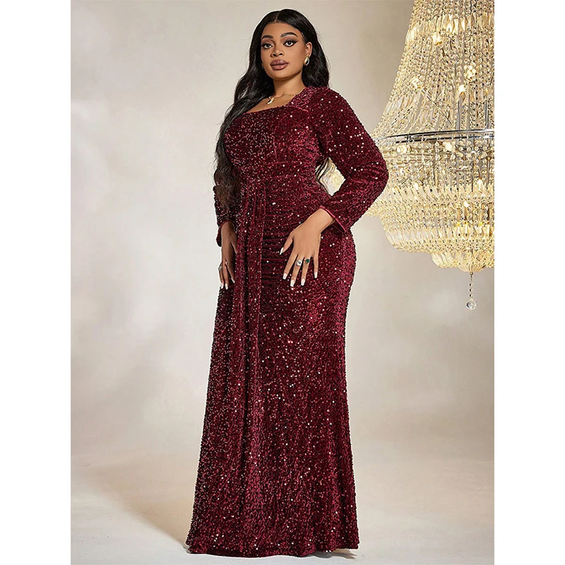 Women Red dresses Long sleeve Sequare Collar Sequin Party wear Evening Cocktail Formal Occasion Mermaid dress 4XL 2024