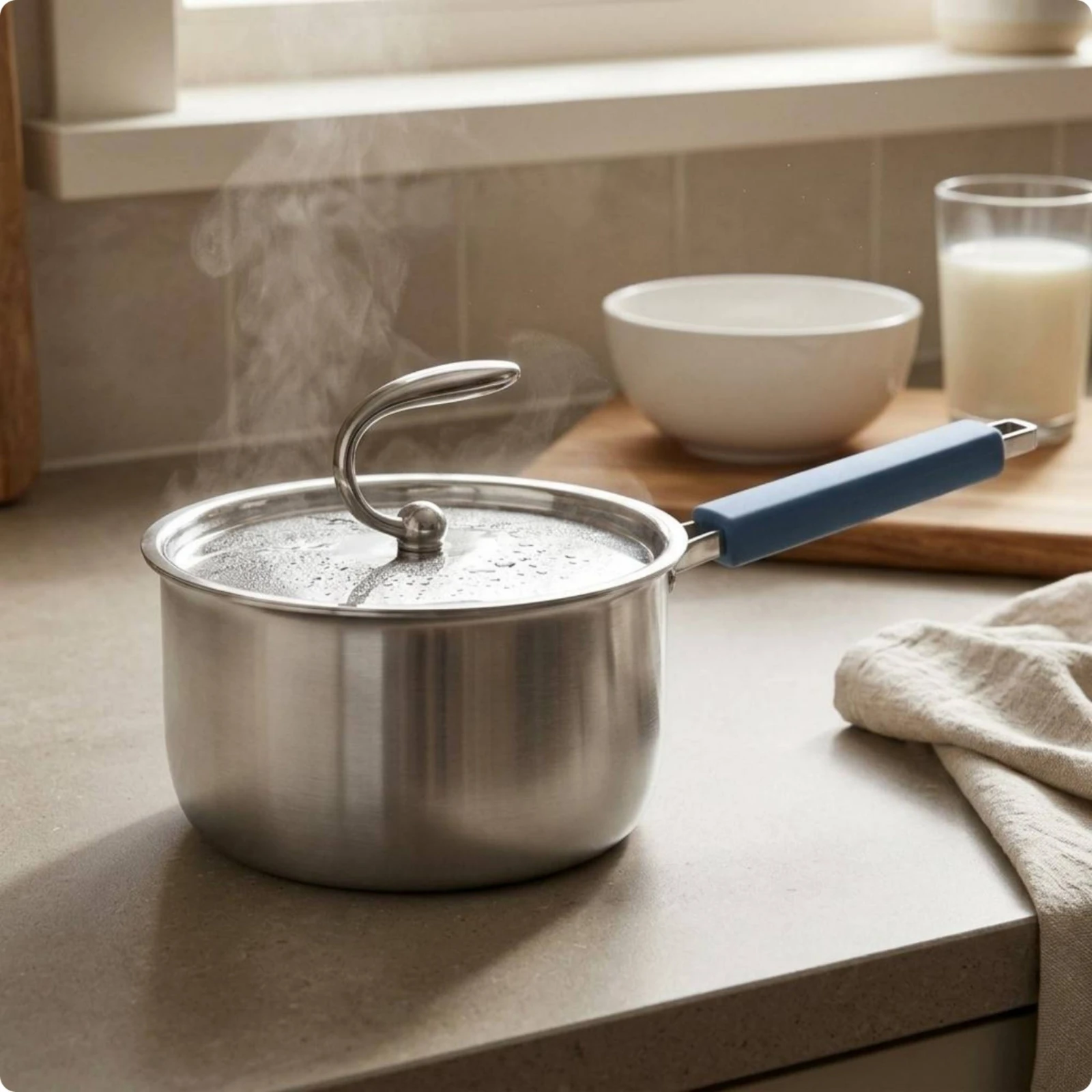 Deep Milk Pan Curved Lid Knob Brushed Silver Cookware Triple-layer Steel Small Saucepan for Direct Stove Cooking