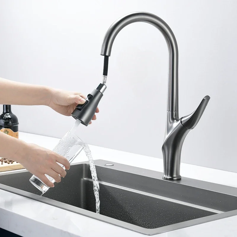 Brushed Grey Kitchen Faucet Pull-out Design Rotation Sink Hot And Cold Single Handle 3 Control Water Mixer Tap