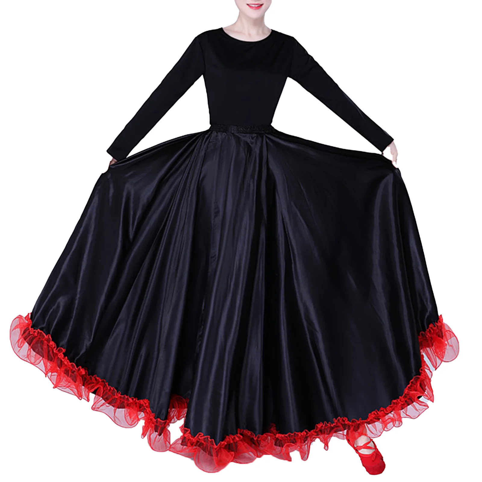 Dames Spaanse Flamenco Bull Dance Rok Buikdans Volle Rok Ruches Zoom Grote Swing Flamenco Kostuum Satijnen Maxi Rok
