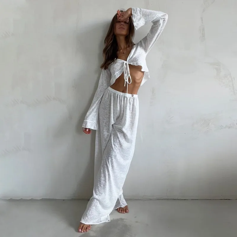 

2025 Autumn New Lace-Up Long Sleeve Long Pant Pajama 2PCS Set Women Thin V-Neck Loungewear European American Style