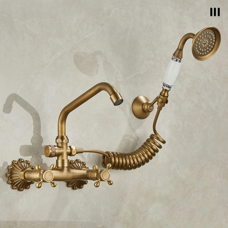 

French Vintage Brass In-Wall Kitchen Faucet Domestic Use for Kitchen or Balcony Wall-Mounted Dual-Handle Hot and Cold Water Tap