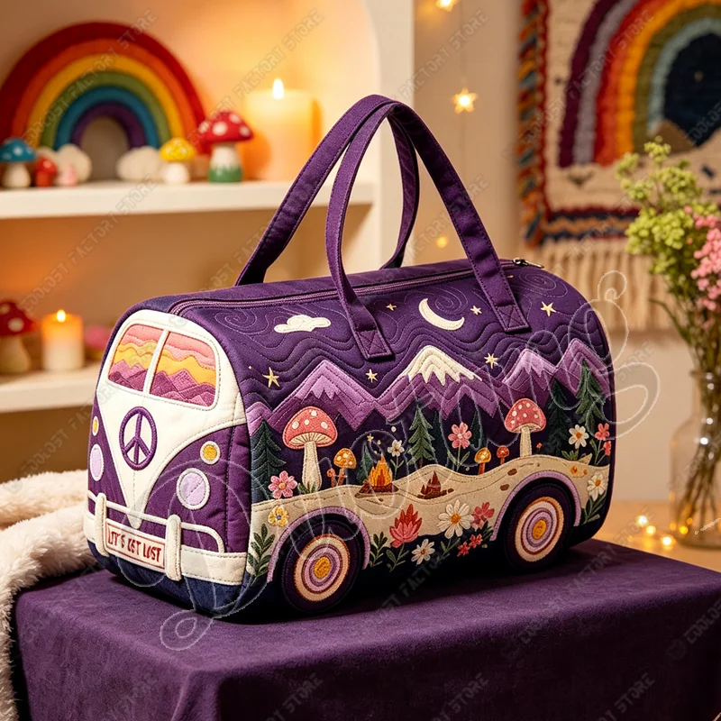 Vintage Bus-Shaped Handbag for Travel 2D Flat Quilted Outdoors Forest Mountain Mushroom Pattern Women Duffle Totes Shoulder Bags