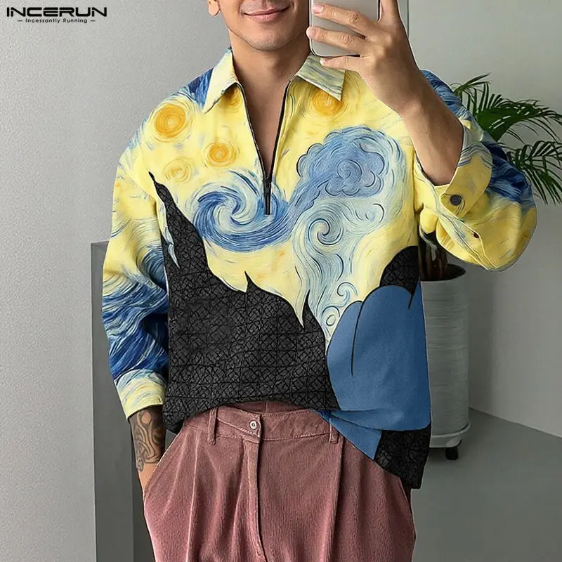 INCERUN Kemeja Pria Kerah Cetak Lengan Panjang Ritsleting Pakaian Pria Kasual Atasan Santai Fashion Longgar Pakaian Jalanan Kemeja Pria S-5XL