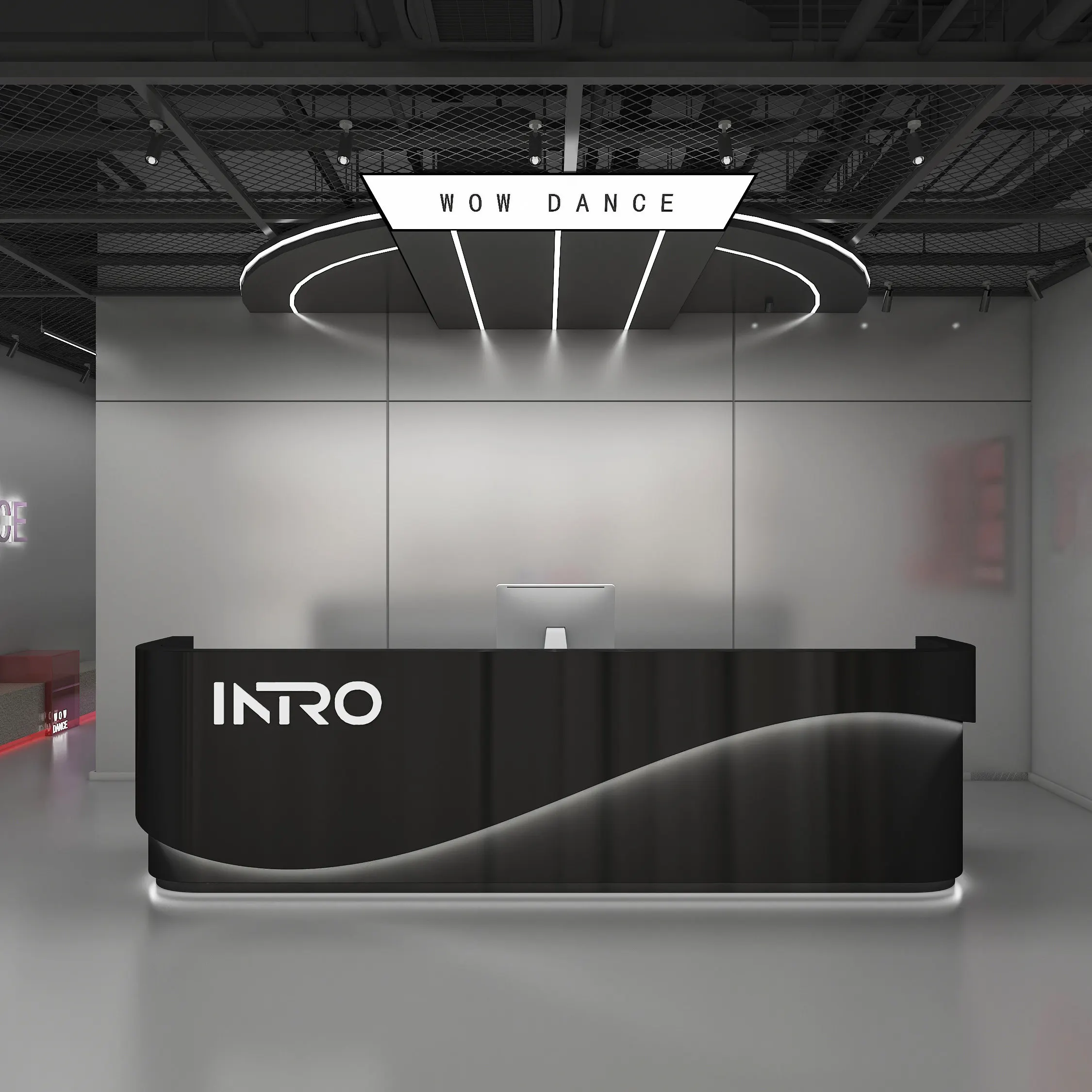 QT-269X  Stainless Steel Minimalist Modern Multifunctional Curved Front Reception Desk for Gym Dance Studio Clothing Store