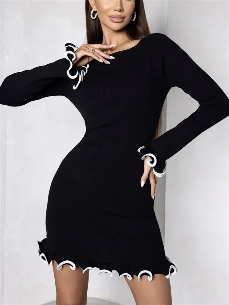 Gestrickte Mini Kleid für Frauen Pilz Kontrast Farbe Dünne Pullover Kleid Elegante Weibliche Party Kleidung Langarm Frühjahr Neue Kleid