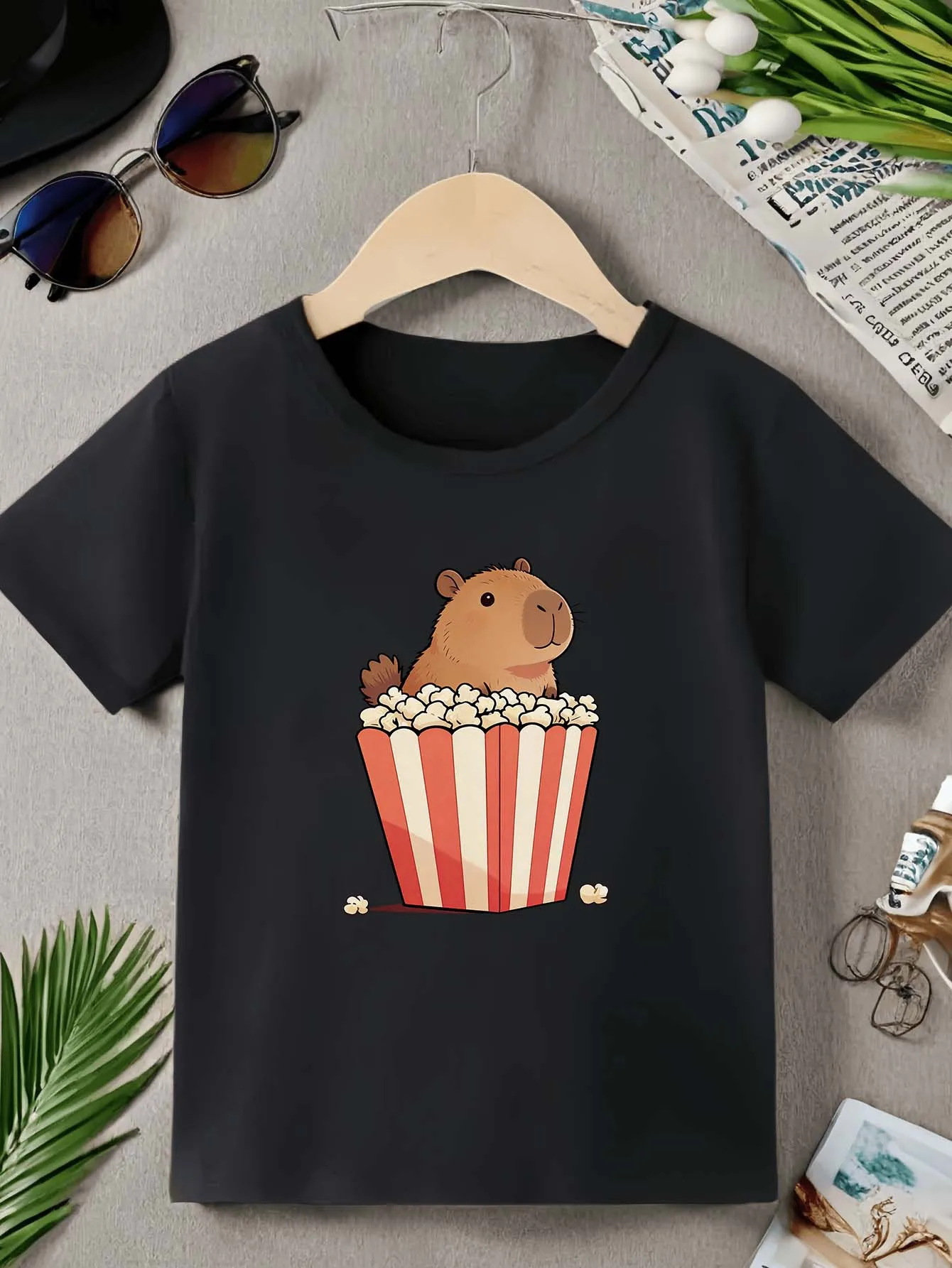 Capybara Popcorn Cartoon Print Boys Girls T Shirt Cute Animal Kids Tee Parent Child Matching Casual Summer Family Daily Tops