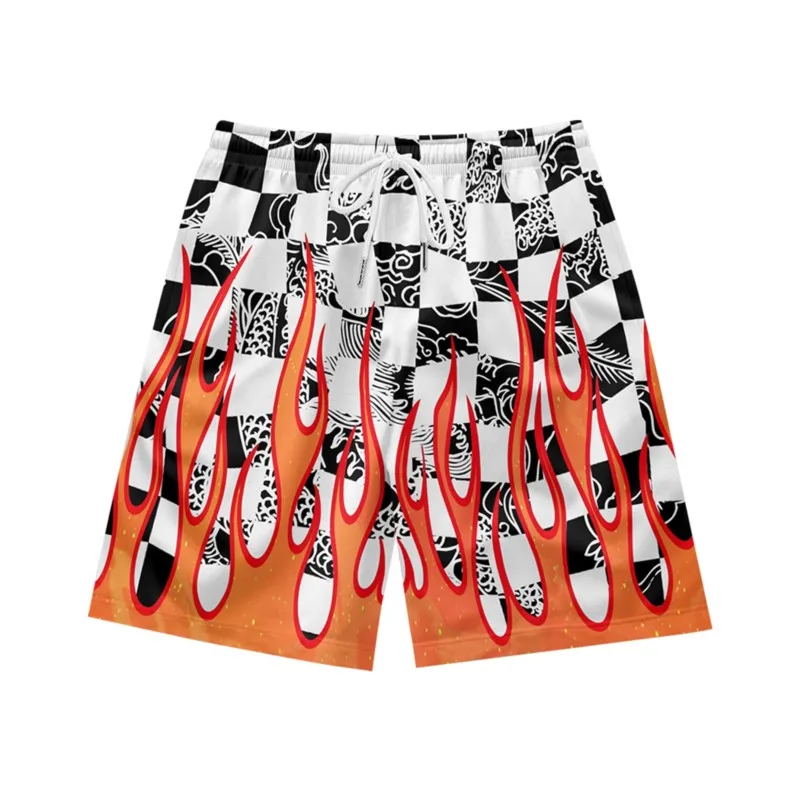 Black and white checkered flame pattern trendy casual personality loose fashion summer men's drawstring sports shorts