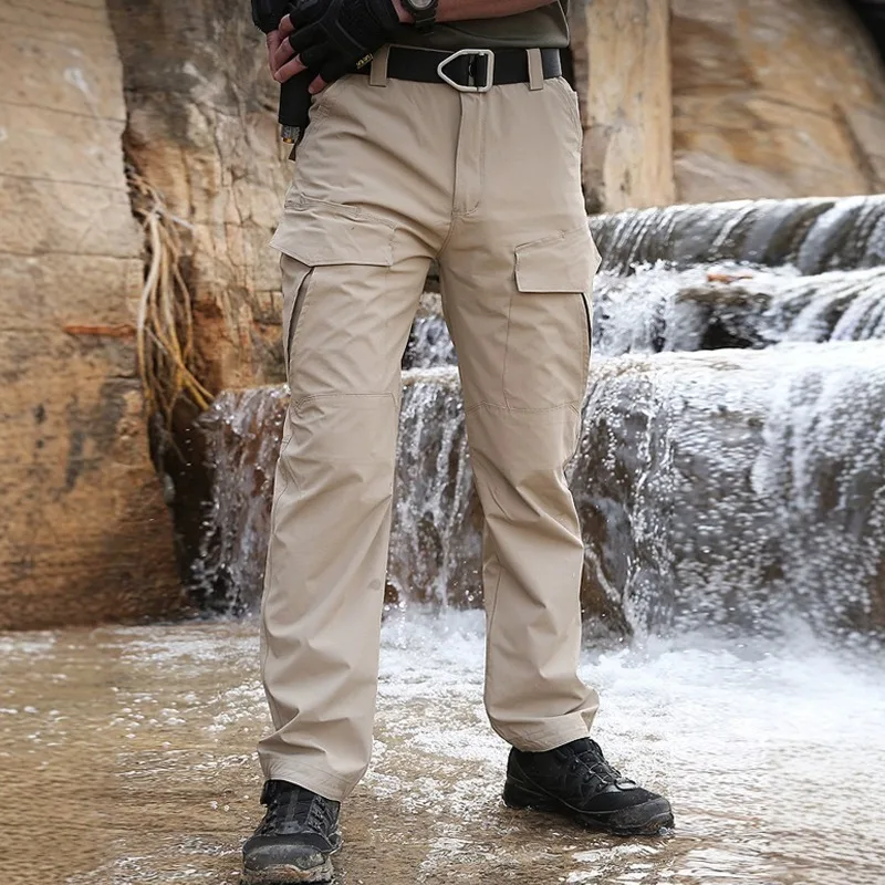Durable Men's Tactical Work Pants Solid Dark Gray Water Repellent Outdoor Hiking Trousers Multi Flap Cargo Pockets Straight Leg