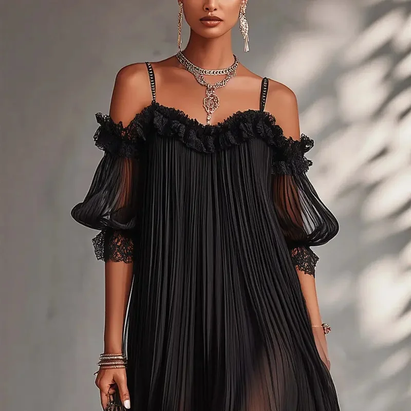Sexy Off Shoulder Black Mini Dress Lace Trim Pleated Flowy Short Dress Women Puff Sleeve Spaghetti Strap Evening Vestidos