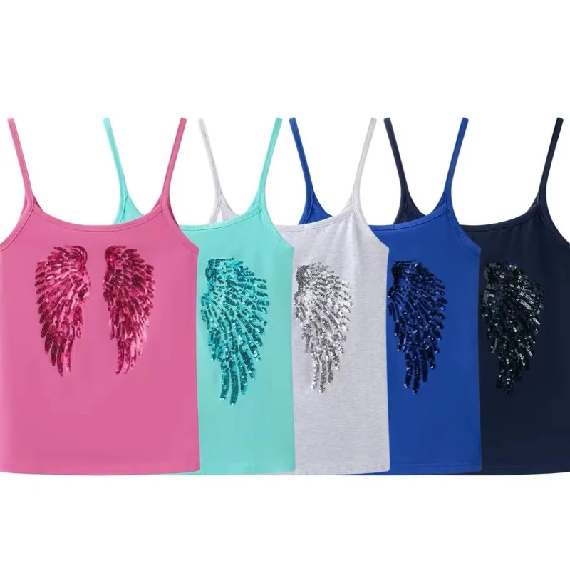 New Summer American Retro Y2K Back Sparkle Angel Wings Leisure Tank Top Strap Casual Street Tide Subculture Women's Clothes Emo